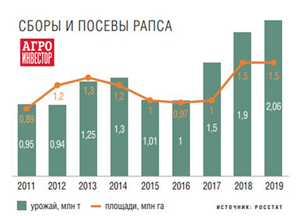 С 2017 году в России наблюдается рост посевов и сборов рапса: 
